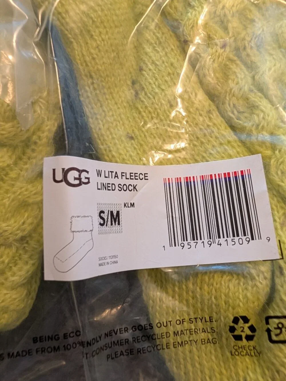 UGG Women's Fleece Lined Rainboot Socks Key Lime ~ S/M